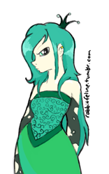 Size: 335x537 | Tagged: safe, artist:bunnycat, imported from derpibooru, queen chrysalis, human, angry, clothes, crown, dress, female, gloves, humanized, solo, stockings