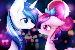 Size: 3000x2000 | Tagged: safe, artist:mrsremi, imported from derpibooru, princess cadance, shining armor, alicorn, pony, unicorn, blushing, bow, bust, date, duo, female, floppy ears, hair bow, looking at each other, male, mare, night, stallion, straight, younger