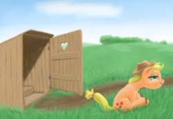 Size: 1232x846 | Tagged: safe, artist:lemurkatta, imported from derpibooru, applejack, female, grass, outhouse, sitting, solo