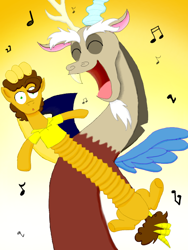 Size: 600x800 | Tagged: safe, artist:crazynutbob, imported from derpibooru, cheese sandwich, discord, :o, accordion, body horror, cartoon physics, cartoony, chaos, discord being discord, music notes, musical instrument, stretch, transformation, voice actor joke