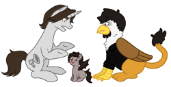 Size: 1096x556 | Tagged: safe, artist:unoriginai, imported from derpibooru, bat pony, griffon, pony, unicorn, bat ponified, danny sexbang, egoraptor, foal, frown, game grumps, gay, griffonized, gritted teeth, jontron, jontron thread, magical gay spawn, male, offspring, open mouth, ponified, sitting, smiling, species swap, spread wings, stallion, trio, wide eyes