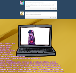 Size: 1280x1227 | Tagged: safe, artist:somescrub, imported from derpibooru, twilight sparkle, anthro, ask nudist sweetie belle, computer, female, laptop computer, solo, tent, tumblr, twilight sparkle (alicorn)