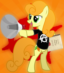 Size: 960x1080 | Tagged: safe, artist:quixodus, artist:silentmatten, imported from derpibooru, carrot top, golden harvest, pony, anarchist, anarchy, bipedal, female, megaphone, solo, standing