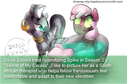 Size: 822x545 | Tagged: safe, artist:dotkwa, imported from derpibooru, cheerilee, spike, zecora, earth pony, pony, zebra, diverse-mlp-headcanons, headcanon, hypnosis, swirly eyes, text, therapist, tied up, transgender, wat