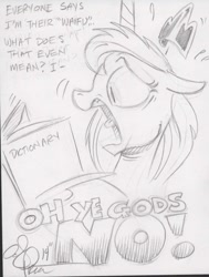 Size: 577x763 | Tagged: safe, artist:andypriceart, imported from derpibooru, princess luna, dialogue, dictionary, female, floppy ears, meta, monochrome, open mouth, plewds, screaming, sketch, solo, sweat, tongue out, traditional art, waifu, waifu shaming, wide eyes, word of price