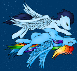 Size: 931x859 | Tagged: source needed, safe, artist:tinuleaf, imported from derpibooru, rainbow dash, soarin', blank flank, eyes closed, female, flying, male, night, shipping, smiling, soarindash, straight, upside down