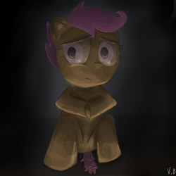 Size: 2000x2000 | Tagged: safe, artist:vovab, imported from derpibooru, scootaloo, abandoned, alone, female, sad, scootasad, solo