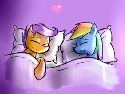 Size: 800x600 | Tagged: safe, artist:starykrow, imported from derpibooru, rainbow dash, scootaloo, bed, heart, scootalove, sleeping