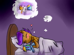 Size: 800x600 | Tagged: safe, artist:starykrow, imported from derpibooru, rainbow dash, scootaloo, pegasus, pony, bed, blanket, blushing, cuddling, dream, dream bubble, eyes closed, female, filly, foal, gradient background, heart, lying down, mare, on side, pillow, plushie, rainbow dash plushie, sleeping, smiling, thought bubble