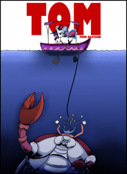 Size: 1600x2188 | Tagged: safe, artist:saturdaymorningproj, imported from derpibooru, rarity, oc, oc:tom the crab, crab, giant crab, anchor, boat, circling stars, jaws, ocean, parody, rarity fighting a giant crab