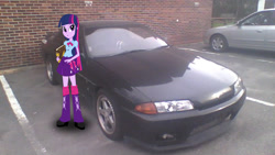 Size: 2000x1125 | Tagged: safe, imported from derpibooru, twilight sparkle, equestria girls, car, irl, nissan, nissan skyline, obligatory pony, skyline r32, solo