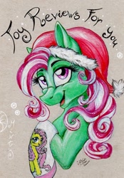 Size: 558x800 | Tagged: safe, artist:donika-schovina, imported from derpibooru, fluttershy, minty, clothes, g3, hat, santa hat, socks, traditional art