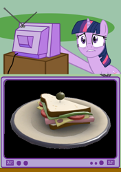 Size: 452x641 | Tagged: safe, imported from derpibooru, twilight sparkle, exploitable meme, hungry, meme, obligatory pony, sandvich, team fortress 2, television, tv meme, twilight burgkle