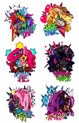 Size: 829x1280 | Tagged: safe, artist:knifedragon, imported from derpibooru, applejack, fluttershy, pinkie pie, rainbow dash, rarity, twilight sparkle, badass, head, mane six, mask, scrawl