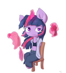 Size: 1375x1500 | Tagged: safe, artist:alasou, imported from derpibooru, twilight sparkle, anthro, belly button, chair, clothes, fan, female, frown, looking at you, magic, messy mane, midriff, open clothes, quill, raised eyebrow, scroll, sitting, solo, sports bra, sweat, telekinesis, twilight sparkle (alicorn)