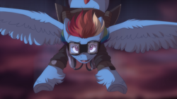 Size: 1280x716 | Tagged: dead source, safe, artist:dvixie, deleted from derpibooru, imported from derpibooru, rainbow dash, clothes, flying, goggles, jacket, solo