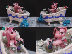 Size: 1600x1200 | Tagged: safe, artist:alisterosenheim, imported from derpibooru, gummy, king sombra, pinkie pie, ask king sombra pie, bath, bathtub, bubble bath, claw foot bathtub, sculpture