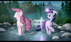 Size: 1920x1126 | Tagged: safe, artist:gign-3208, imported from derpibooru, pinkie pie, twilight sparkle, annoyed, duo, happy, magic, rain, scenery, tongue out, tree, twilight is not amused, twilight sparkle is not amused, unamused