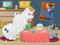 Size: 4267x3200 | Tagged: safe, artist:neitheram, imported from derpibooru, bulk biceps, iron will, smarty pants, pegasus, pony, bulkabetes, cinnamon bun, cute, dessert, food, male, muffin, plushie, poster, small wings, smiling, solo, stallion, tea party, wings