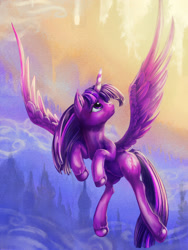 Size: 1200x1600 | Tagged: safe, artist:viwrastupr, imported from derpibooru, twilight sparkle, alicorn, pony, female, looking up, mare, solo, spread wings, twilight sparkle (alicorn), unshorn fetlocks