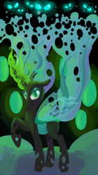 Size: 670x1191 | Tagged: safe, artist:blueyedred, imported from derpibooru, queen chrysalis, changeling, changeling queen, crown, female, glowing, glowing horn, horn, jewelry, regalia, solo, transparent wings, wings