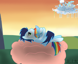 Size: 1024x845 | Tagged: safe, artist:rulette, imported from derpibooru, rainbow dash, soarin', cuddling, eyes closed, female, hug, male, pink cloud, shipping, snuggling, soarindash, straight