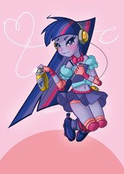 Size: 1440x2016 | Tagged: safe, artist:mimtii, imported from derpibooru, twilight sparkle, equestria girls, belly button, belly piercing, bellyring, book, female, headphones, jet set radio, jet set radio future, piercing, roller skates, solo, spray paint