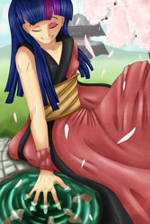 Size: 1600x2400 | Tagged: safe, artist:hellbeholder, imported from derpibooru, twilight sparkle, fish, human, koi, cherry blossoms, eyes closed, female, humanized, kimono (clothing), pond, solo, water