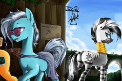 Size: 1500x1000 | Tagged: safe, artist:madhotaru, imported from derpibooru, doctor horse, doctor stable, screw loose, zecora, earth pony, pony, zebra, butt, clothes, female, glasses, looking back, mare, neck rings, open mouth, plot, rear view