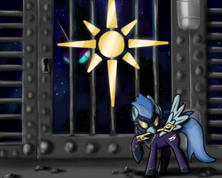 Size: 1024x819 | Tagged: safe, artist:scherzo, imported from derpibooru, nightmare moon, gate, key, mouth hold, prison, raised hoof, shadowbolts, spread wings