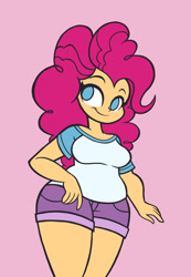 Size: 897x1296 | Tagged: safe, artist:khuzang, imported from derpibooru, pinkie pie, human, breasts, busty pinkie pie, chubby, clothes, curvy, cute, daisy dukes, female, hips, humanized, shorts, solo, thighs, wide hips