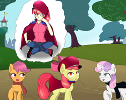 Size: 4000x3200 | Tagged: safe, artist:misterbrony, imported from derpibooru, apple bloom, scootaloo, sweetie belle, human, cape, clothes, cutie mark crusaders, evil grin, human ponidox, humanized, open mouth