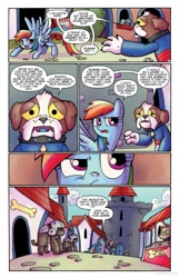 Size: 685x1054 | Tagged: safe, artist:agnesgarbowska, idw, imported from derpibooru, chancellor jim, rainbow dash, diamond dog, pegasus, pony, friends forever, spoiler:comic, spoiler:comicff6, bone, comic, diamond dog guard, dimondia, female, frown, glare, idw advertisement, mare, official comic, open mouth, preview, raised eyebrow, sad, speech bubble, spread wings, stall