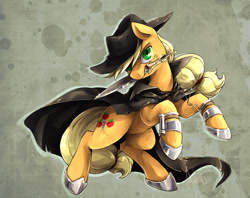 Size: 1785x1415 | Tagged: safe, artist:audrarius, imported from derpibooru, applejack, earth pony, pony, action pose, badass, cloak, clothes, cross, female, glare, hat, horseshoes, hunterjack, knife, looking at you, mare, mouth hold, necklace, rearing, solo, weapon