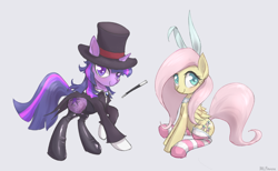 Size: 1000x615 | Tagged: safe, artist:mlpanon, imported from derpibooru, fluttershy, twilight sparkle, baton, bunny ears, clothes, female, frock coat, hat, latex, latex socks, lesbian, magician, shipping, simple background, socks, striped socks, suit, tailcoat, top hat, tuxedo, twishy, wand