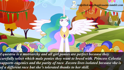 Size: 1024x576 | Tagged: safe, edit, edited screencap, imported from derpibooru, screencap, amethyst star, bon bon, carrot top, dizzy twister, golden harvest, linky, minuette, orange swirl, princess celestia, sea swirl, seafoam, shoeshine, sparkler, spring melody, sprinkle medley, sweetie drops, twinkleshine, earth pony, pegasus, pony, unicorn, caption, eugenics, female, headcanon, image macro, mare, matriarchy, mouthpiece, nazi, op is a duck, out of character, racism, redpilled-mlp-headcanons, sexism, text, tyrant celestia