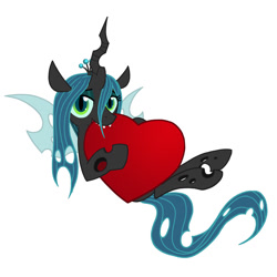 Size: 750x750 | Tagged: safe, artist:gingersnap913, deleted from derpibooru, imported from derpibooru, queen chrysalis, changeling, changeling queen, biting, cute, cutealis, female, heart, on back, solo, weapons-grade cute