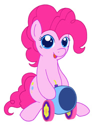 Size: 406x533 | Tagged: safe, artist:gingersnap913, deleted from derpibooru, imported from derpibooru, pinkie pie, earth pony, pony, chibi, cute, female, mare, party cannon, simple background, sitting, solo, white background