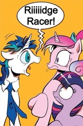 Size: 365x549 | Tagged: safe, imported from derpibooru, princess cadance, shining armor, twilight sparkle, spoiler:comic, exploitable meme, meme, ridge racer, screaming armor