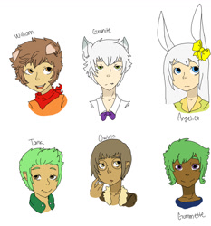 Size: 1210x1300 | Tagged: dead source, safe, artist:techtechno, imported from derpibooru, angel bunny, gummy, opalescence, owlowiscious, tank, winona, human, alexanderite, angela bunny, ask, askequestrianboys, bust, eared humanization, gummette, humanized, humanized pet, pets, request, rule 63, simple background, tumblr, white background