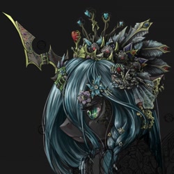 Size: 1280x1280 | Tagged: safe, artist:saturnspace, imported from derpibooru, queen chrysalis, changeling, changeling queen, female, flower, headdress, jewelry, profile, solo, wip