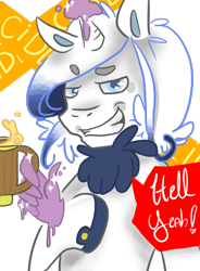 Size: 500x680 | Tagged: safe, artist:huiriu, imported from derpibooru, oc, oc only, oc:funnynotes, pony, unicorn, chest fluff, cider, magic, solo