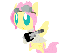 Size: 671x544 | Tagged: safe, artist:angelstar000, imported from derpibooru, fluttershy, ask-thecolts, butterscotch, clothes, costume, dr adorable, goggles, rule 63, simple background, solo, tumblr crossover, weapon, white background