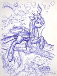 Size: 900x1200 | Tagged: safe, artist:kp-shadowsquirrel, imported from derpibooru, queen chrysalis, changeling, changeling queen, ballpoint pen, female, monochrome, solo, traditional art