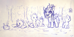 Size: 1500x750 | Tagged: safe, artist:kp-shadowsquirrel, imported from derpibooru, queen chrysalis, changeling, changeling queen, mouse, nymph, spider, ballpoint pen, cheese, crying, cute, cutealis, cuteling, female, filly, foal, monochrome, traditional art, younger