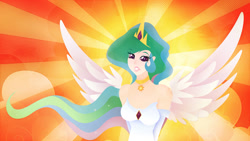 Size: 1920x1080 | Tagged: safe, artist:rariedash, imported from derpibooru, princess celestia, human, female, grin, humanized, lineless, smiling, solo, spread wings, sunburst background, wallpaper, wings