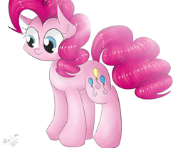 Size: 1024x851 | Tagged: safe, artist:mite-lime, imported from derpibooru, pinkie pie, earth pony, pony, female, mare, signature, simple background, smiling, solo, standing, white background