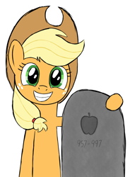 Size: 1685x2285 | Tagged: safe, artist:zaponator, imported from derpibooru, applejack, applejack cries on the inside, applejack's parents, family photo, father's day, female, grave, gravestone, grin, hug, implied death, looking at you, my parents are dead, pa apple, simple background, smiling, solo, stepford smiler, we are going to hell