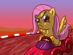 Size: 850x636 | Tagged: safe, artist:fadri, imported from derpibooru, fluttershy, female, go kart, luigi's death stare, mario kart, mario kart 8, meme, parody, race track, solo, the stare