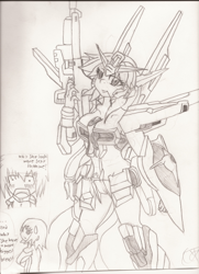 Size: 970x1340 | Tagged: safe, artist:halotheme, imported from derpibooru, applejack, human, akatsuki, cagalli yula athha, gundam, gundam seed destiny, humanized, monochrome, traditional art